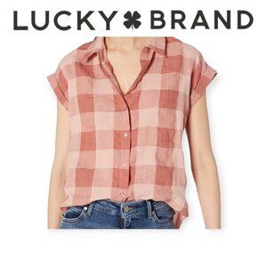 Lucky Brand Linen Cotton Blush Plaid Top XL